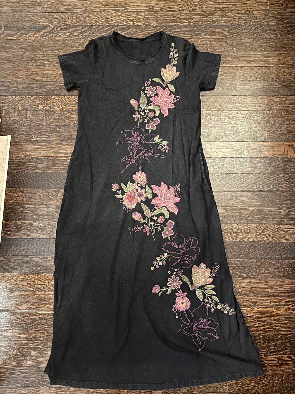 Acid Washed Black Floral Embroidered Maxi Dress